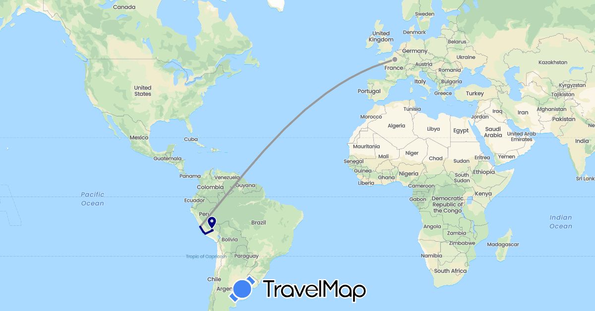 TravelMap itinerary: driving, plane in France, Peru (Europe, South America)
